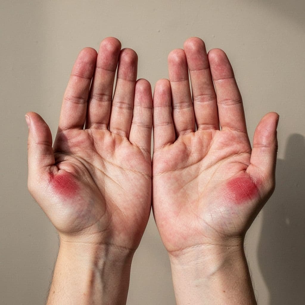 Two open palms display unusual redness, concentrated near thumb bases, on neutral background.