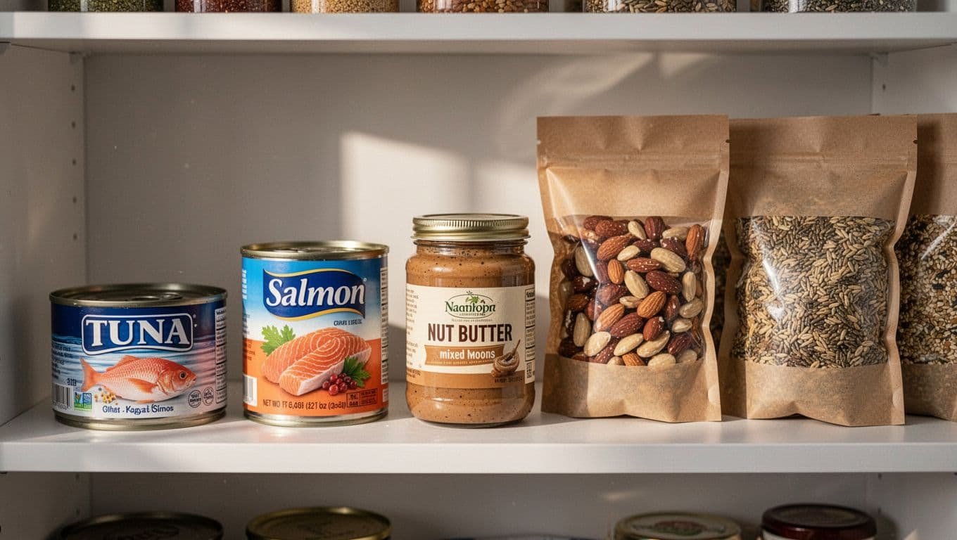 Pantry shelf holds canned tuna, salmon, nut butter jars, and bags of nuts and seeds.
