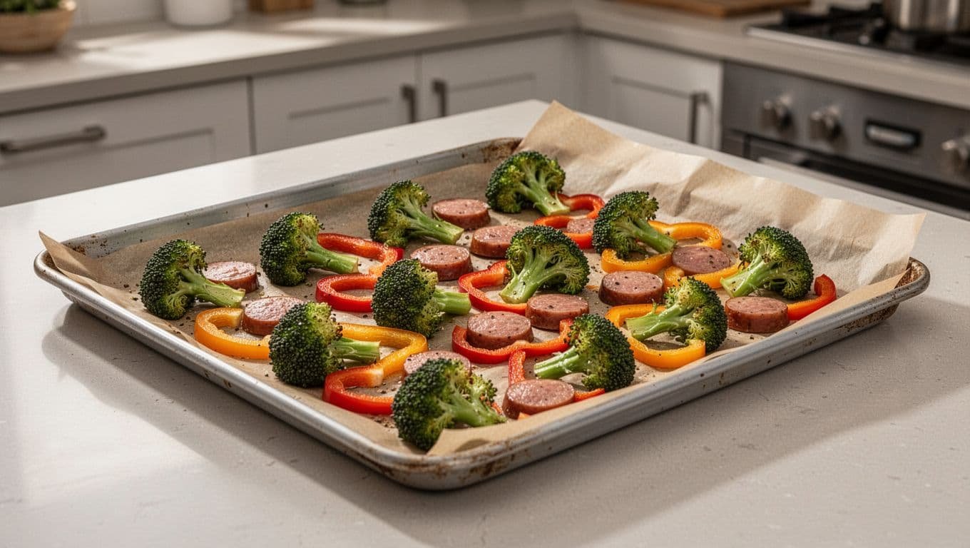 Rimmed baking sheet lined with parchment holds spaced-out broccoli florets, bell pepper slices, and sausage pieces.