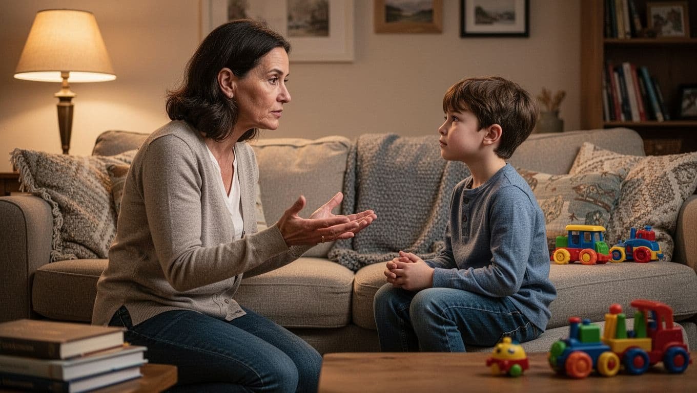 Parent kneels at eye level with child on living room couch, gesturing calmly as child looks engaged amid books and toys.