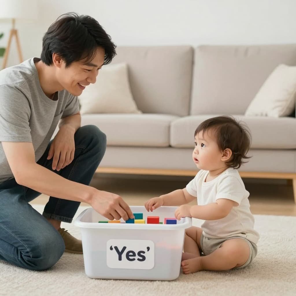 Smiling parent crouches at eye level with toddler, gesturing to toy bin in bright living room.