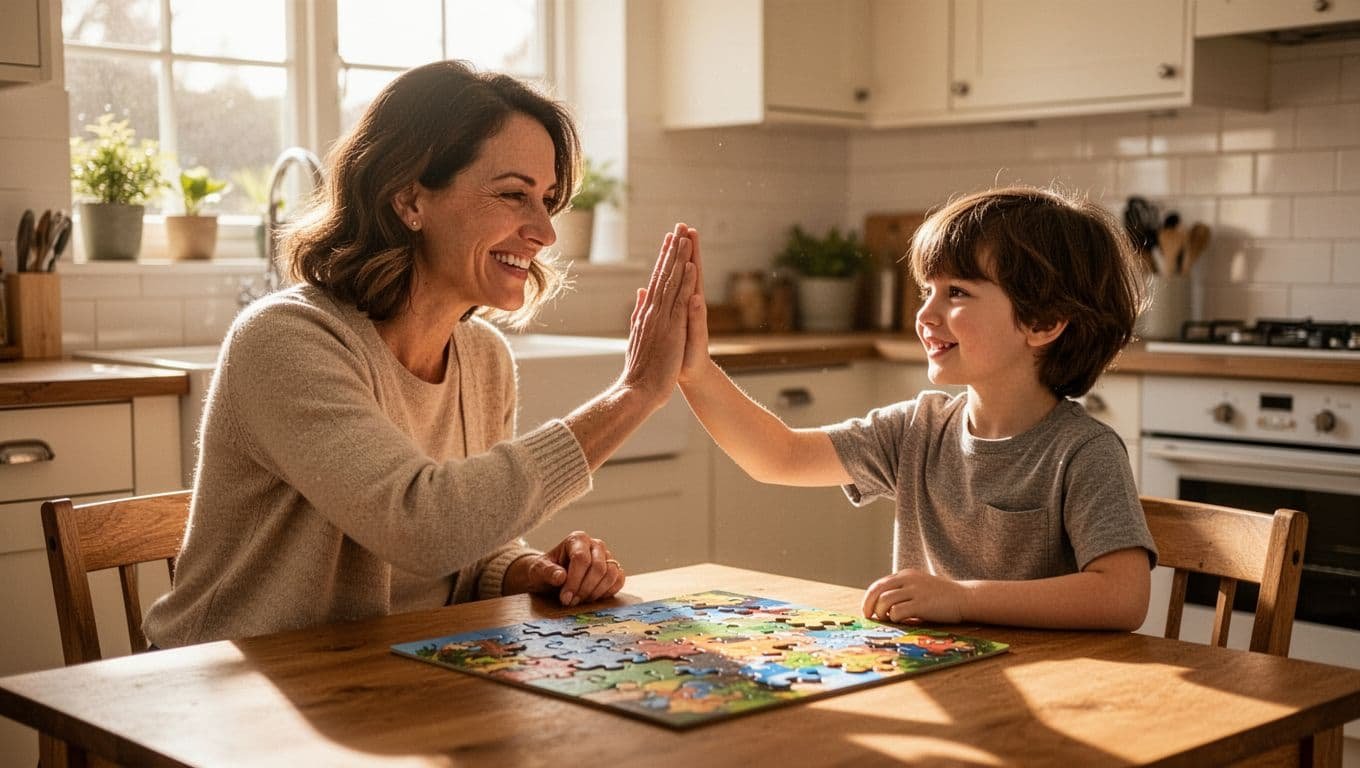 Smiling parent kneels at child's level for high-five beside completed puzzle on sunlit kitchen table.