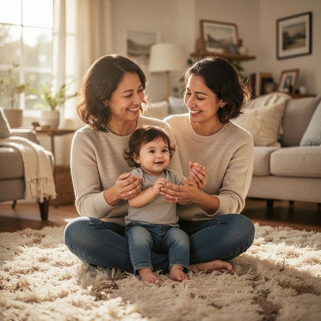 Parent sits on rug in sunlit living room, holding toddler's hands and smiling.