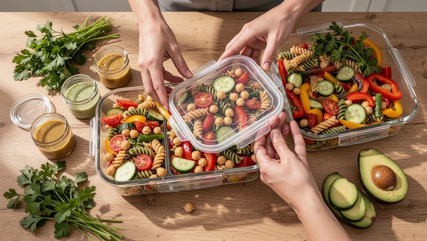 Clear glass containers filled with colorful pasta salad on wooden counter, hands placing lid on one, nearby dressing jars, herbs, and avocado slices.
