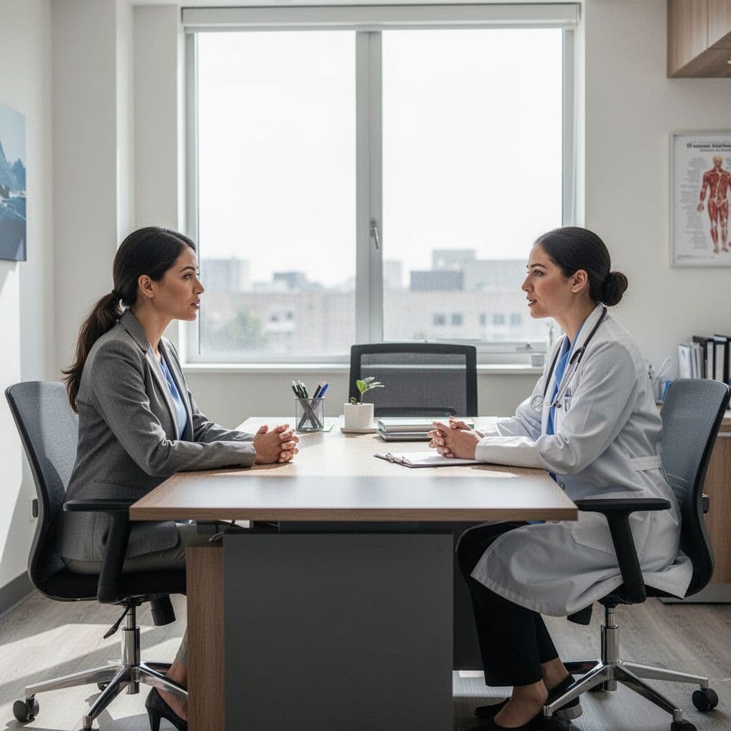 A patient sits at a desk discussing health concerns with a doctor in a bright office.