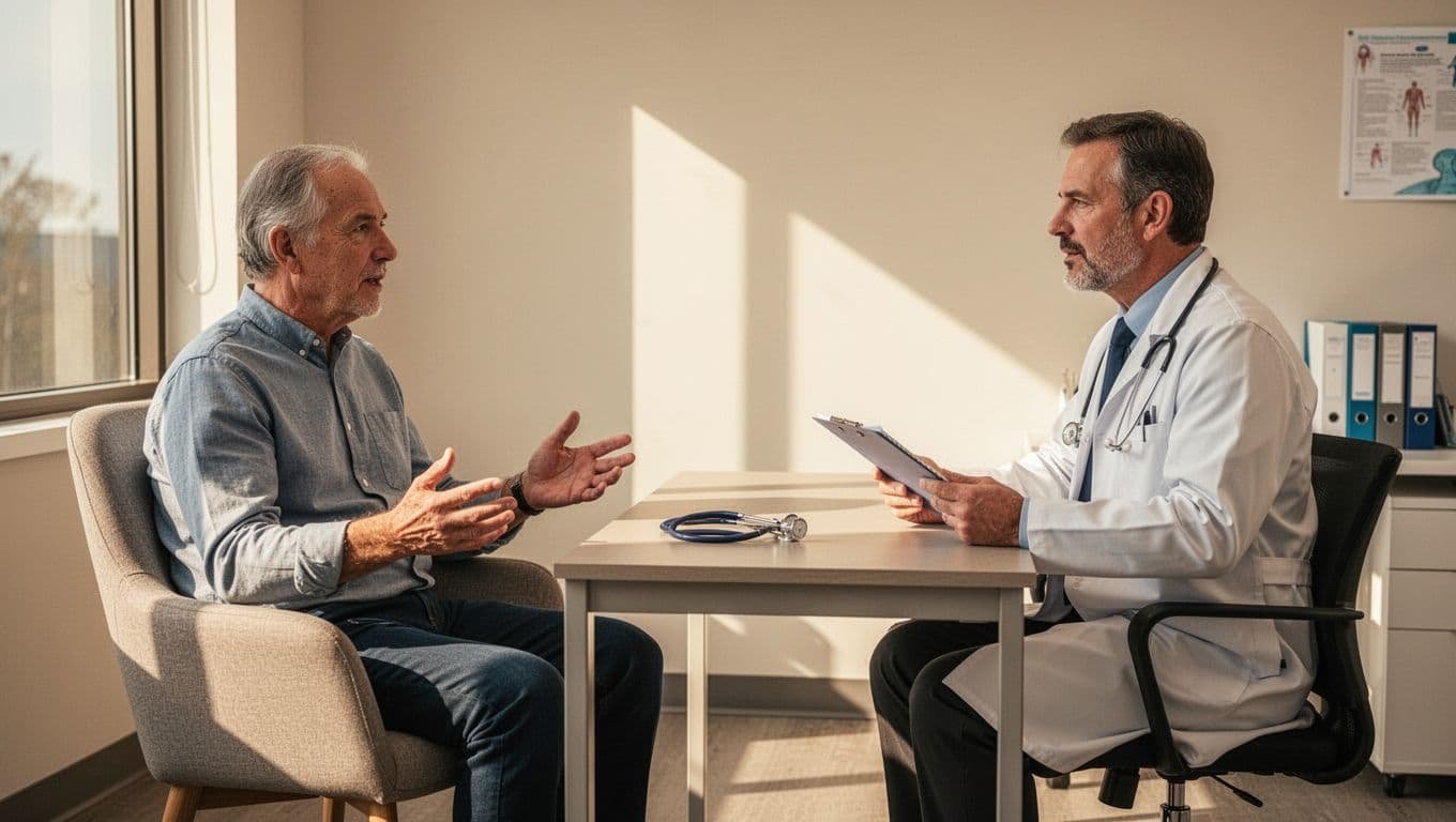 Middle-aged patient in chair across from doctor in sunlit clinic office, doctor listening with notepad.