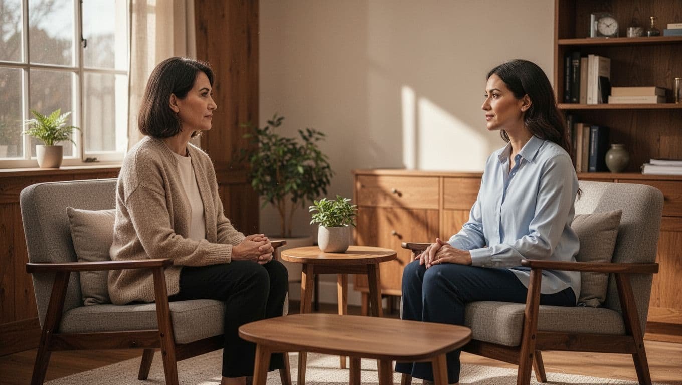 Patient and therapist seated facing each other in cozy office, engaged in calm conversation under soft lighting.