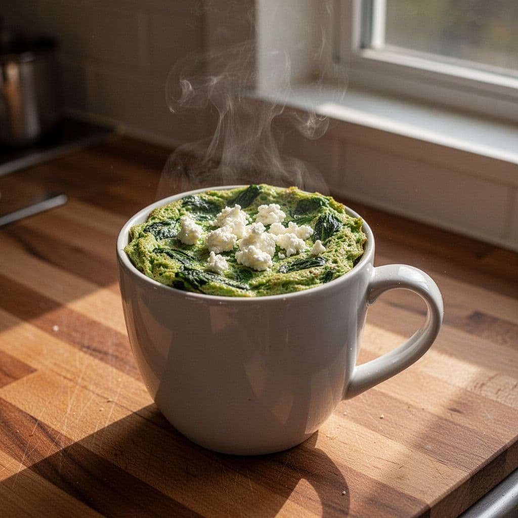 Fluffy green pea protein omelet with spinach and feta in white ceramic mug, steam rising on wooden counter in morning light.