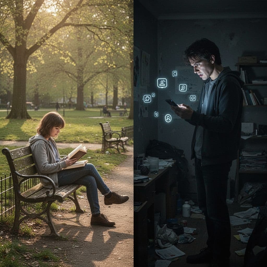 Person reads book on sunny park bench left; another views buzzing smartphone notifications in dim cluttered room right.