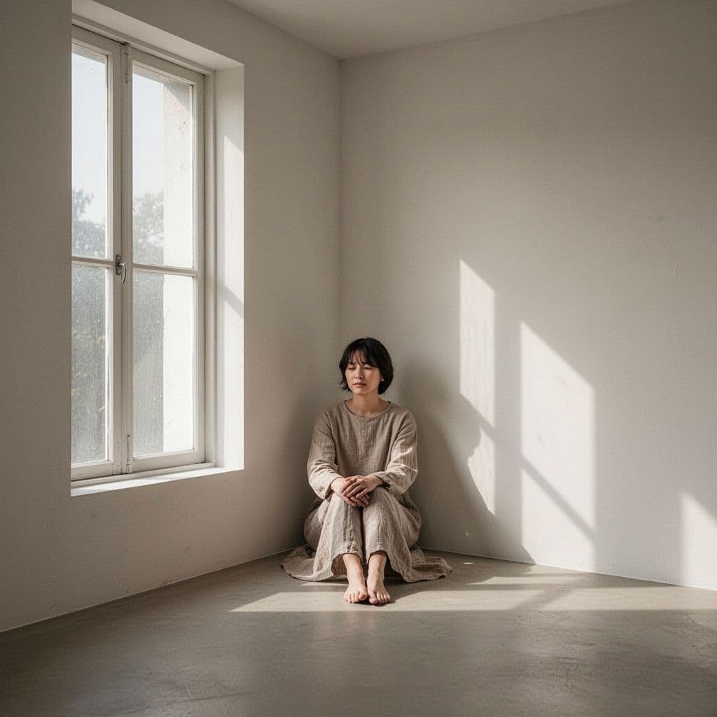 A person sits peacefully in a quiet corner of a minimalist room bathed in soft natural light.