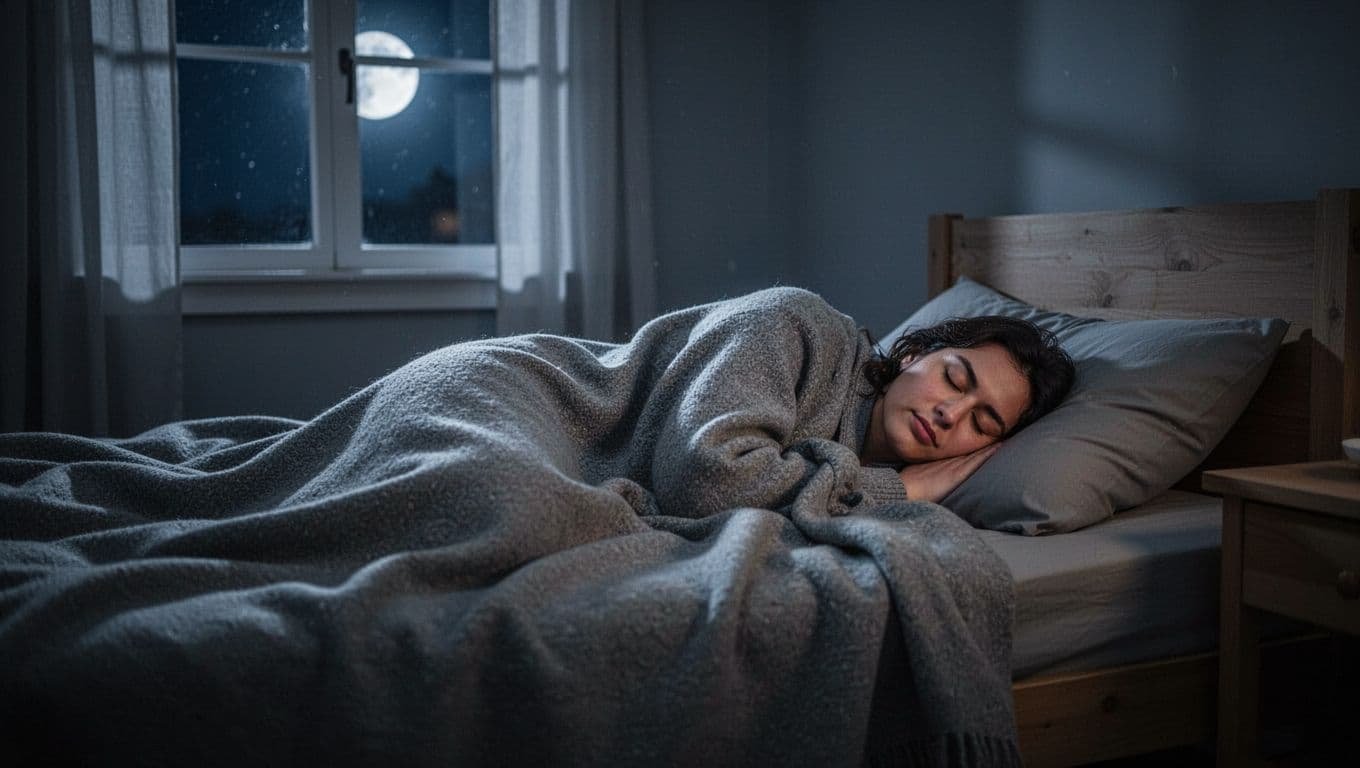 Person sleeps under soft covers in dark cozy bedroom with dim moonlight from window.
