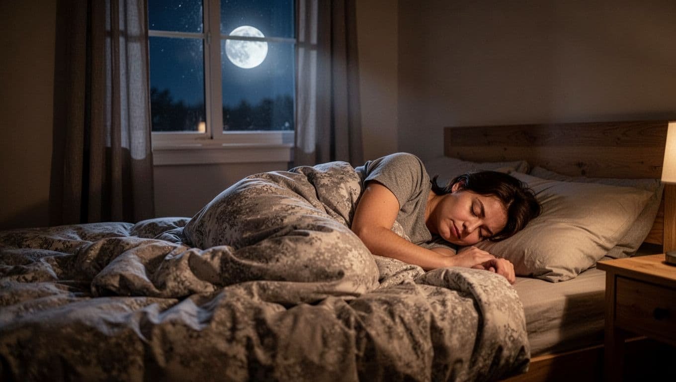 Person sleeps peacefully in bed in cozy bedroom with soft moonlight from window.