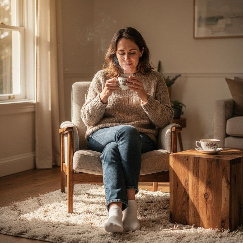 A person sits in a quiet sunlit room drinking tea.