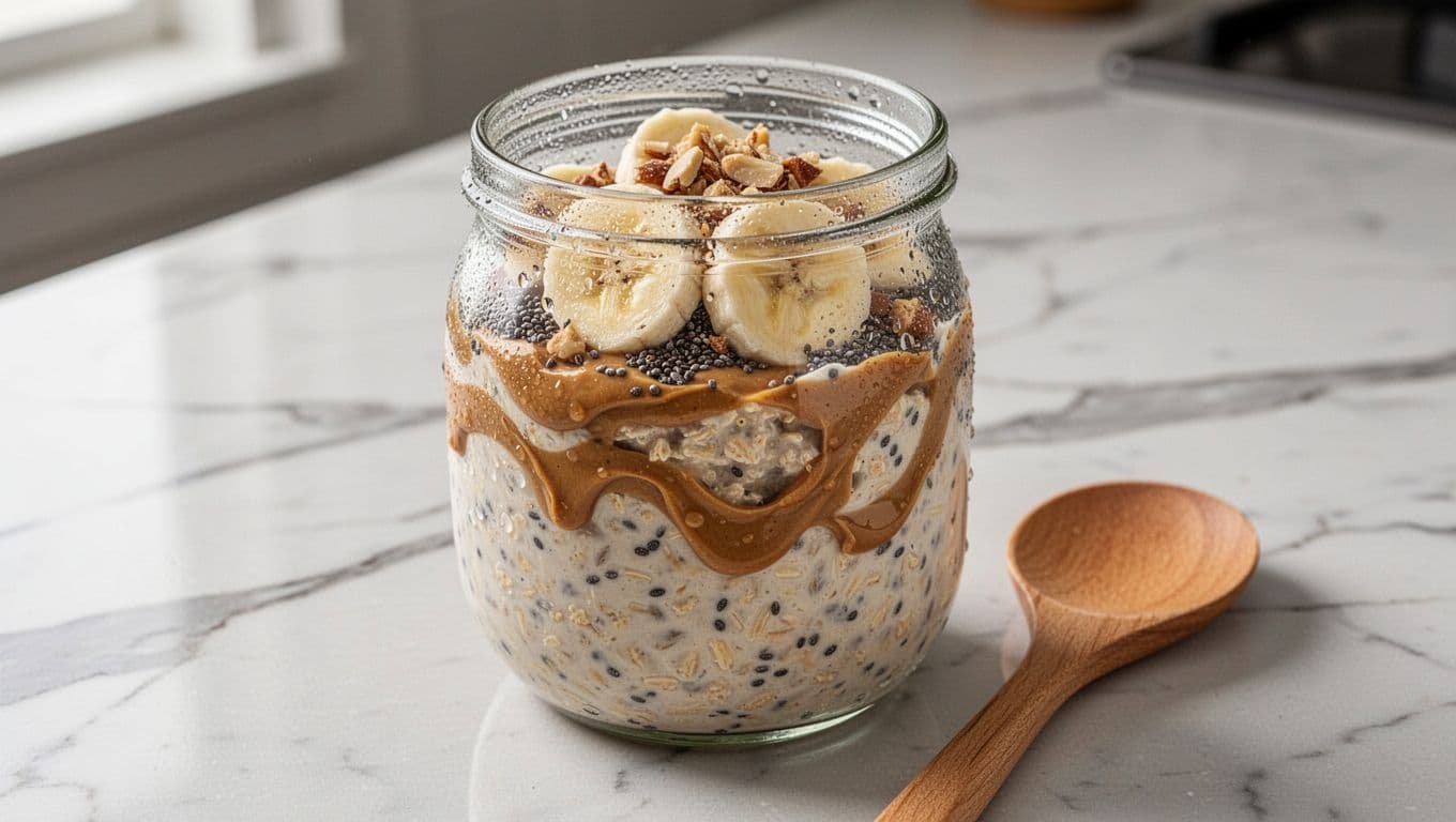 Glass jar of creamy overnight oats with peanut butter swirls, chia seeds, banana slices, and crushed nuts on top, condensation on jar, wooden spoon beside it on marble counter.