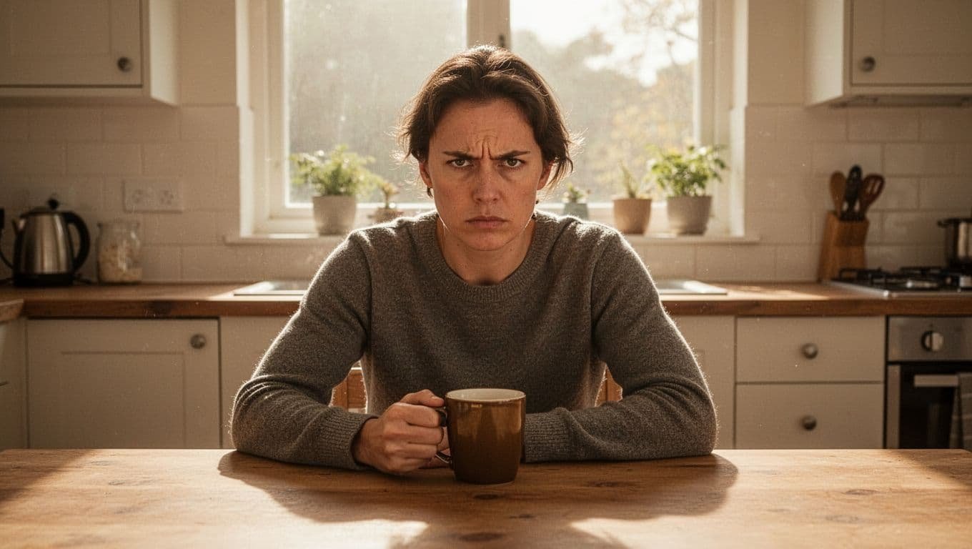 Person sits at kitchen table holding untouched coffee mug, staring blankly with furrowed brow in sunny kitchen.