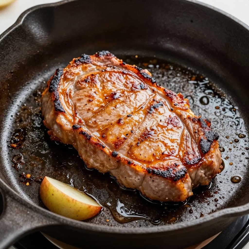 A golden-brown seared pork chop rests in a cast-iron skillet alongside seasoned apple slices.