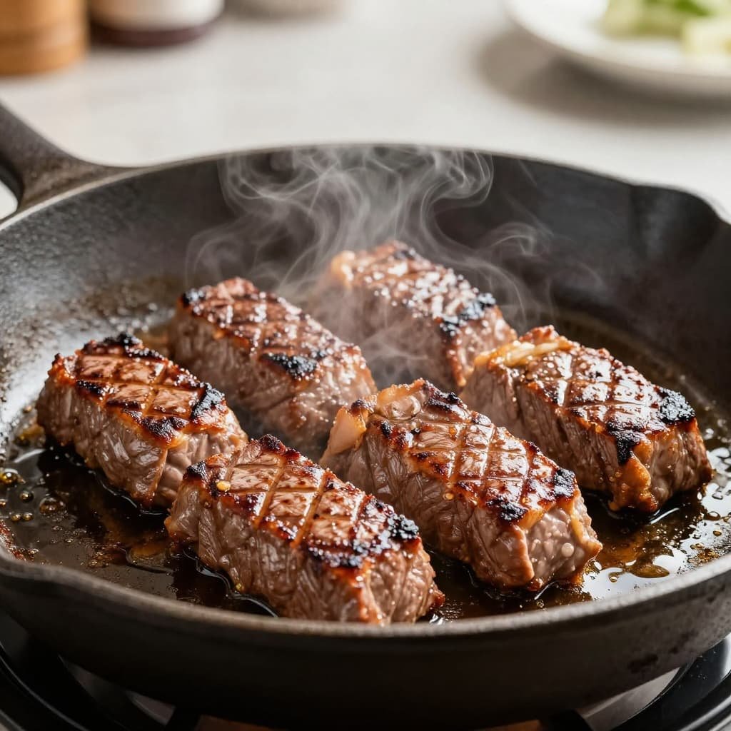 Steak bites sizzle in a hot cast-iron skillet with steam rising from the golden-brown crust.