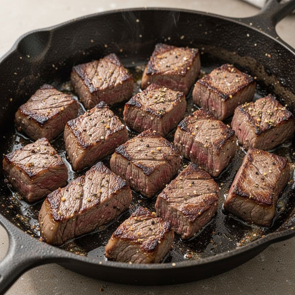 Savory, seared steak bites rest in a seasoned cast iron skillet with visible crust and juicy interiors.