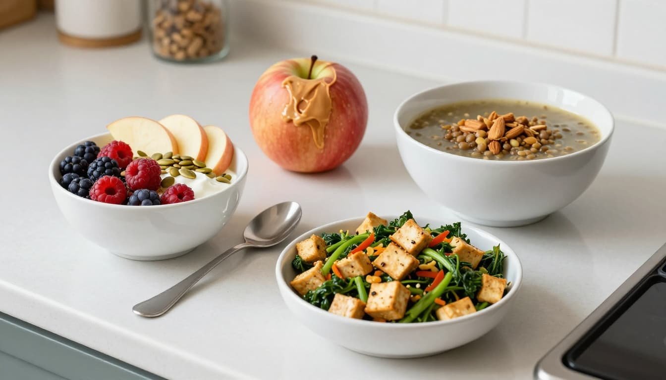 Kitchen counter holds Greek yogurt bowl with berries and pumpkin seeds, apple slices with almond butter, lentil soup bowl, tofu stir-fry with greens.
