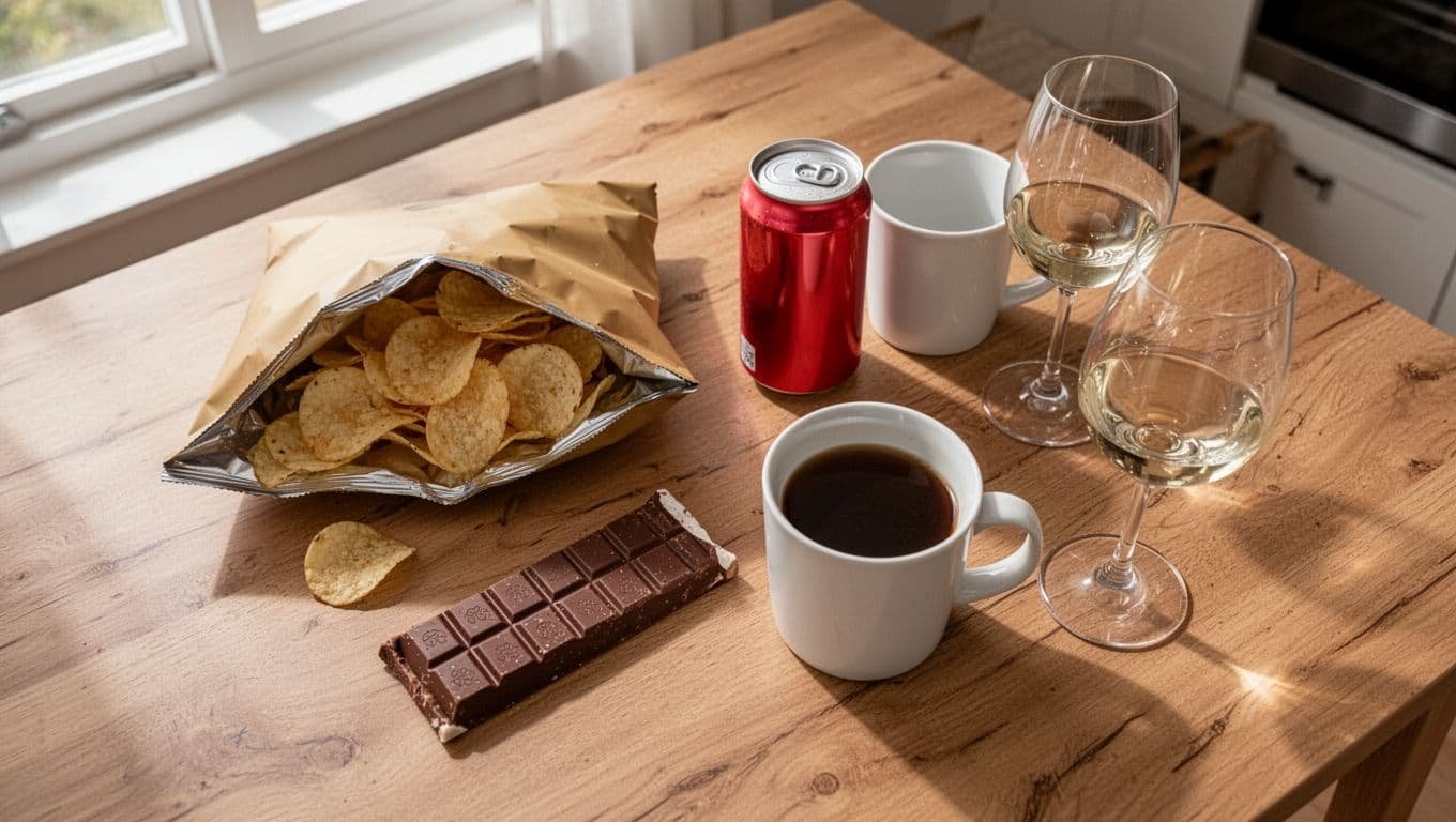 Top view of clean wooden kitchen table with open potato chips bag, candy bar wrapper, soda can, coffee mug, and half-full wine glass.
