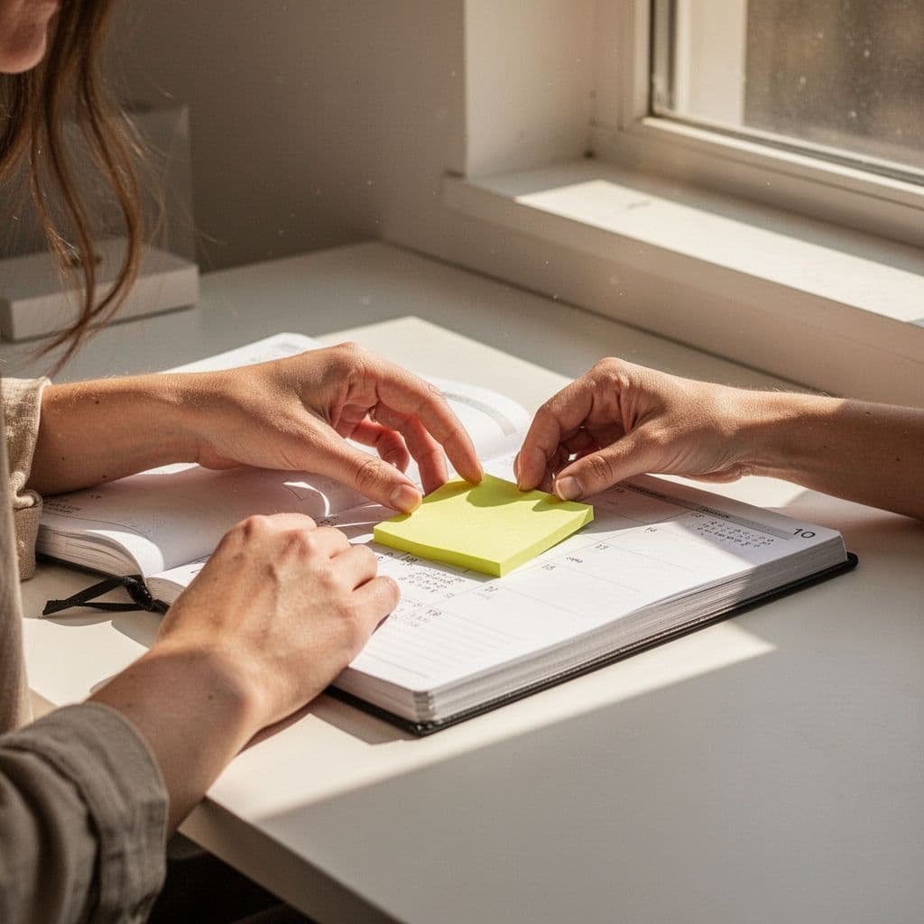 Person at bright desk rearranges sticky note on planner under natural daylight.