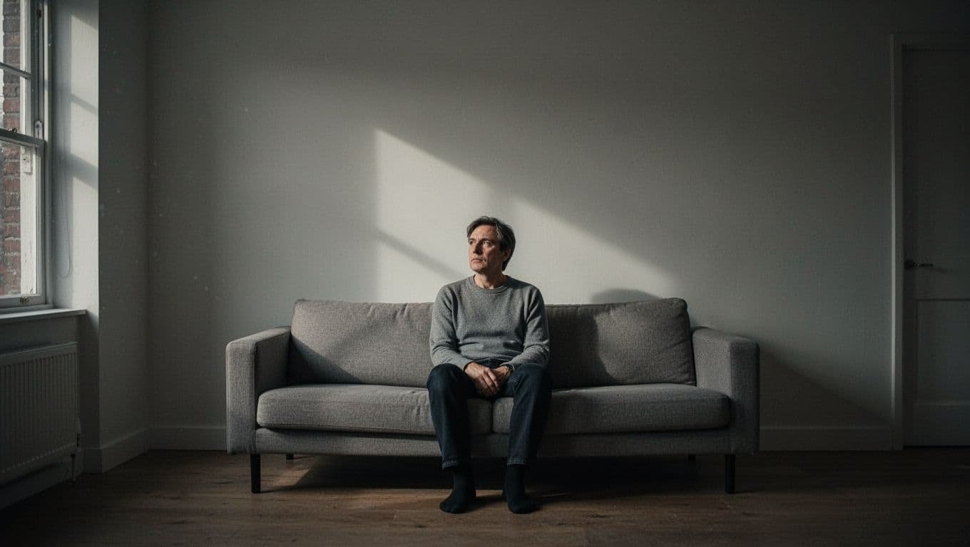 A person sits alone on a couch in a dim living room, staring blankly at a wall.