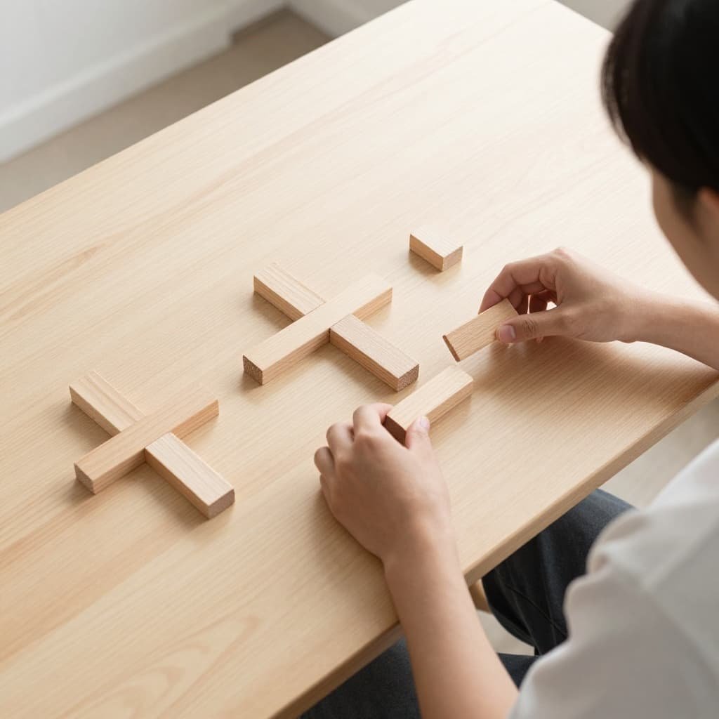 Top-down view of a person at a bright wooden desk building a simple block structure.