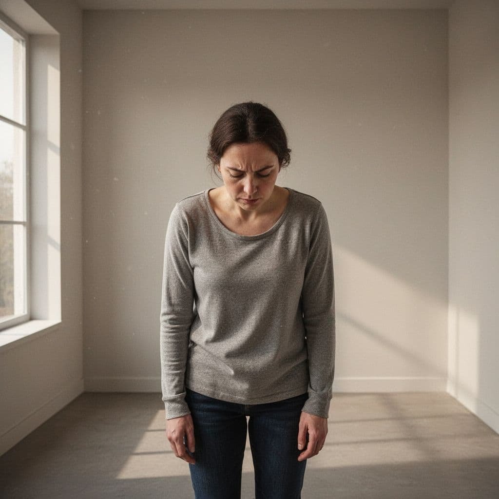 Person stands in minimalist room holding invisible heavy weight with calm intense focus.