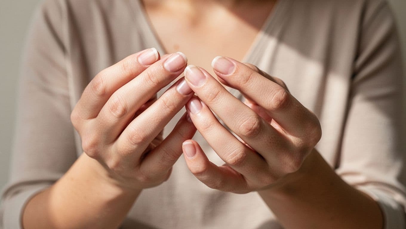 A close-up view of a person inspecting their fingernails under soft, natural lighting.