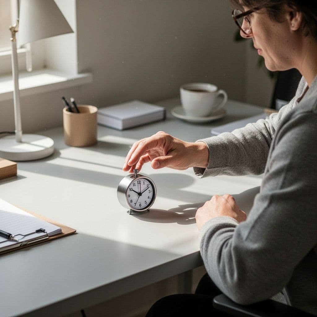 A person sits at a clean desk with a simple timer, about to begin a small task.