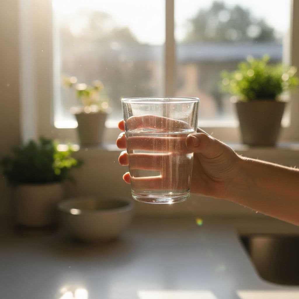 A person holds a clear glass of water as bright sunlight streams into the room.