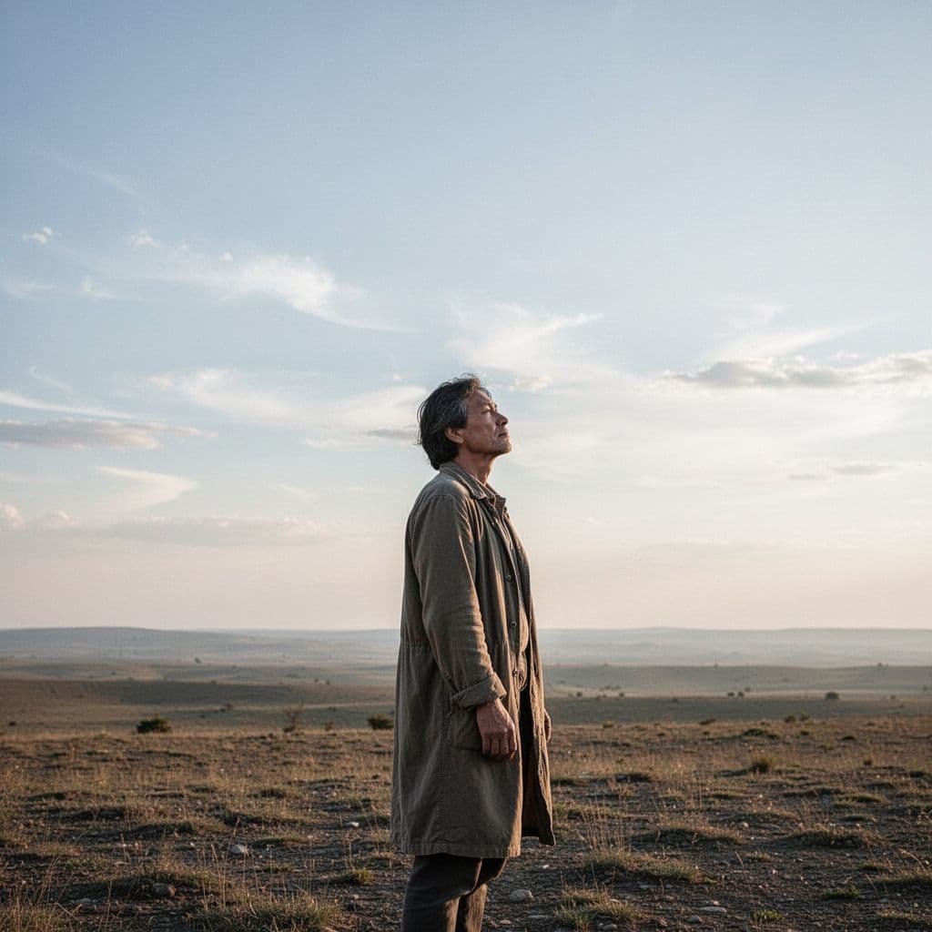 A person stands outdoors looking toward the horizon with a calm, determined expression in natural daylight.