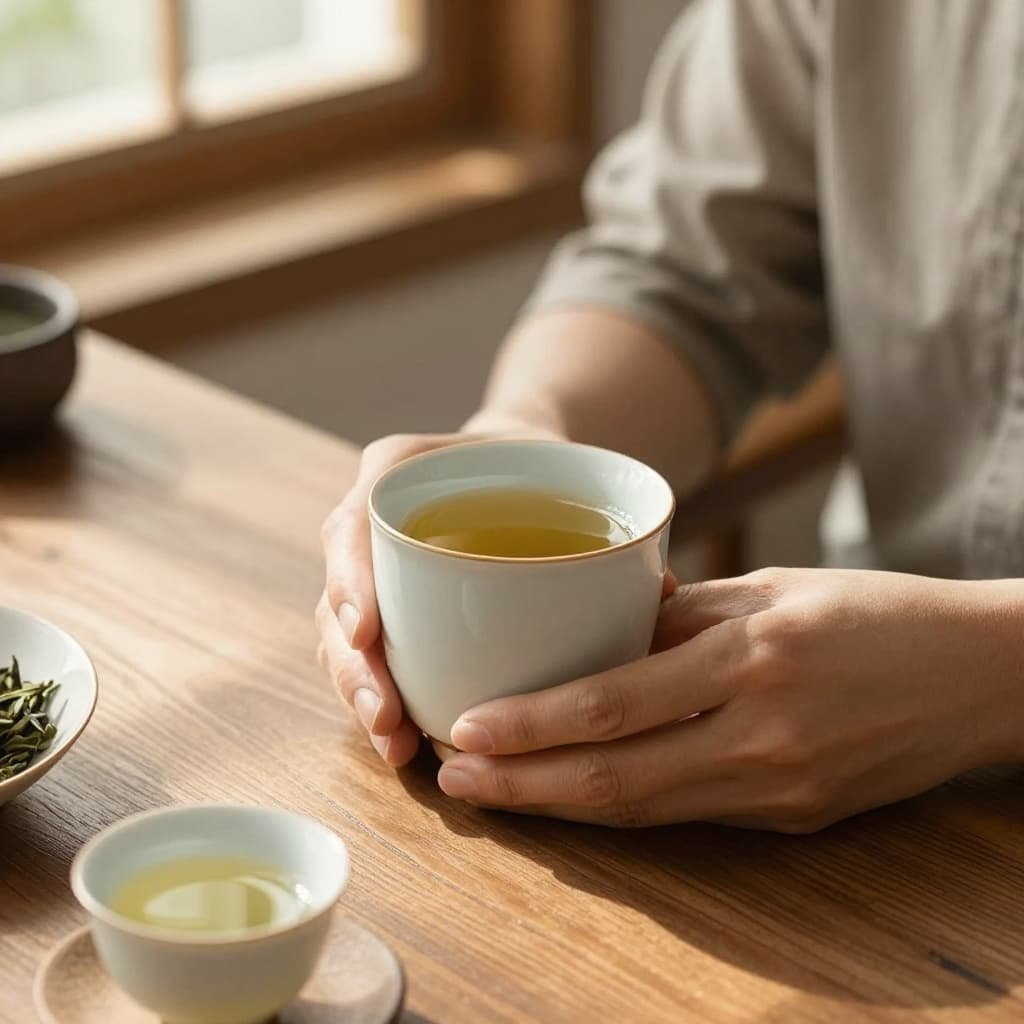 One person holds a ceramic mug of green tea while sitting at a wooden table in a sunlit room.