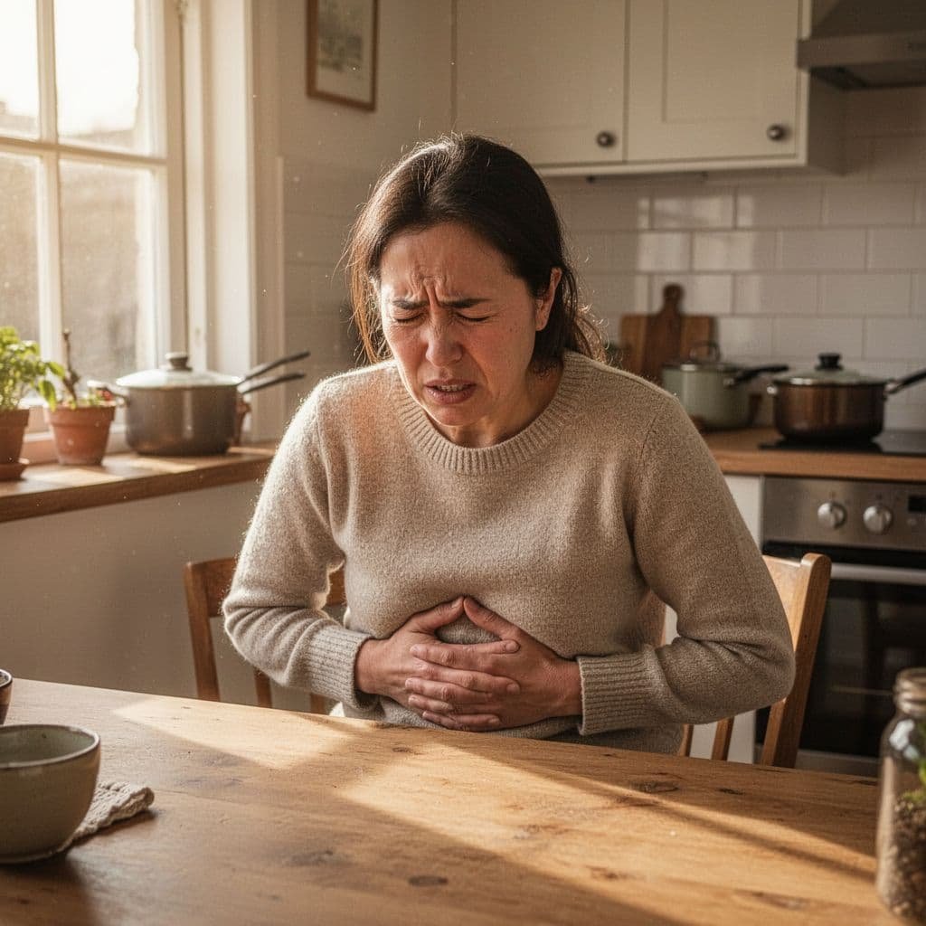 Person sits at kitchen table holding stomach with pained expression in warm morning light.
