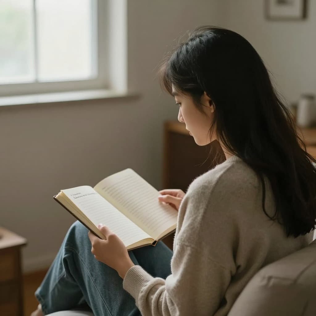 Person sits in quiet cozy room with journal on lap under soft natural light.
