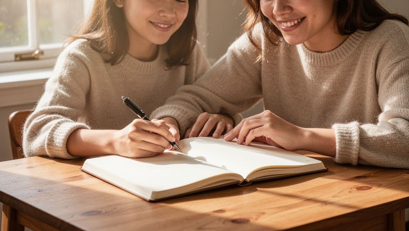 One person sits at a wooden desk in a bright cozy room, writing in an open journal with a gentle smile.