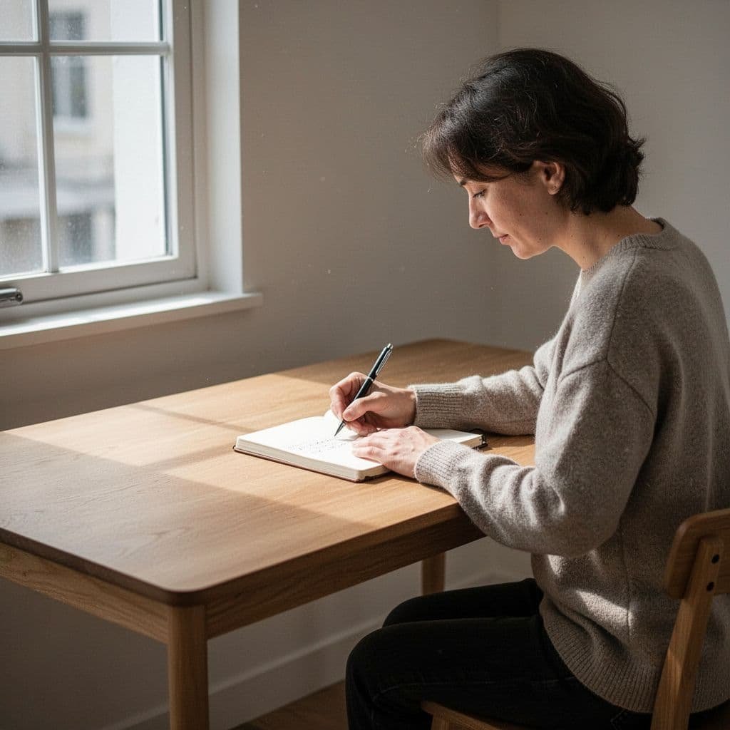 A person sits at a minimalist wooden desk writing in a notebook with soft natural light from a window.
