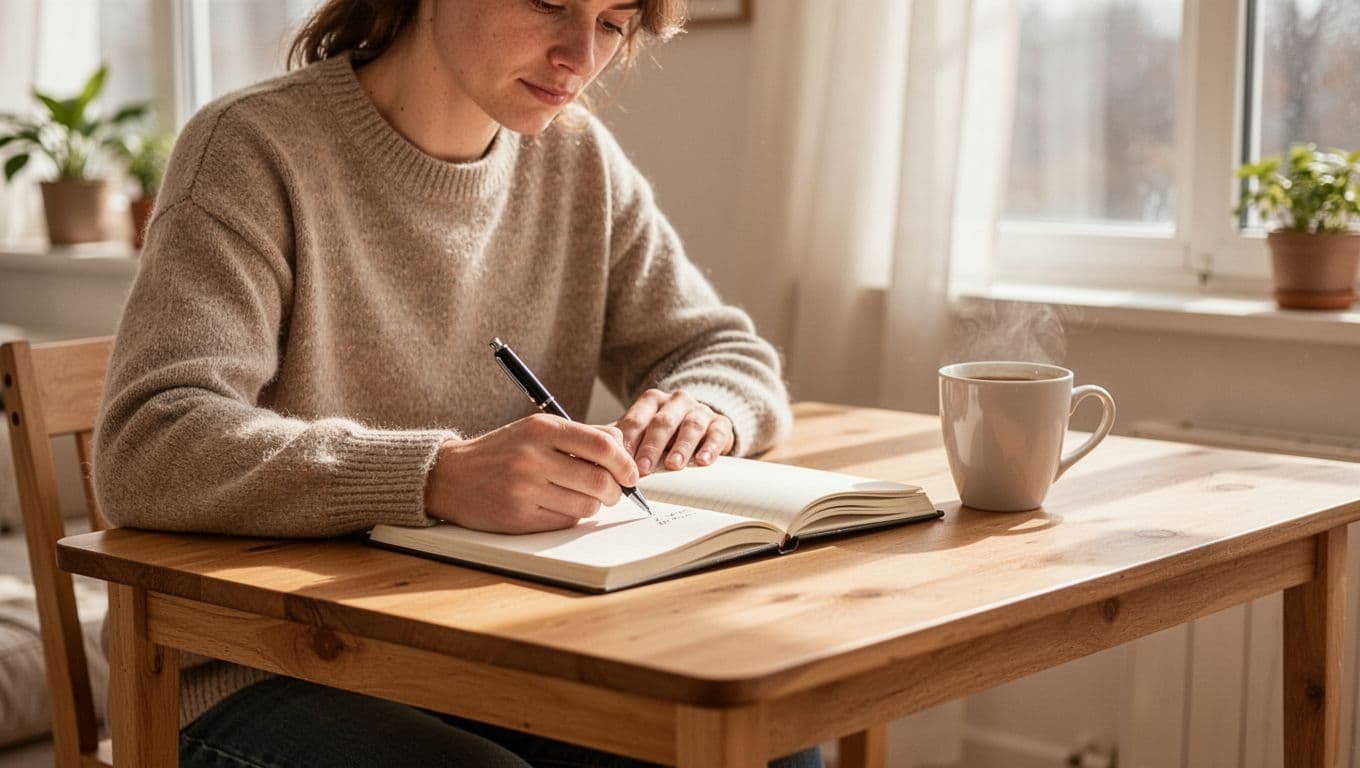 Person sits at wooden desk writing in open journal with pen, coffee mug nearby in morning light.