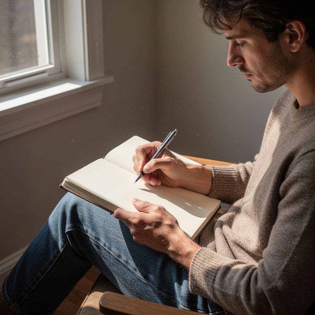 A person sits in a quiet sunlit room corner, writing in a notebook with a pen.