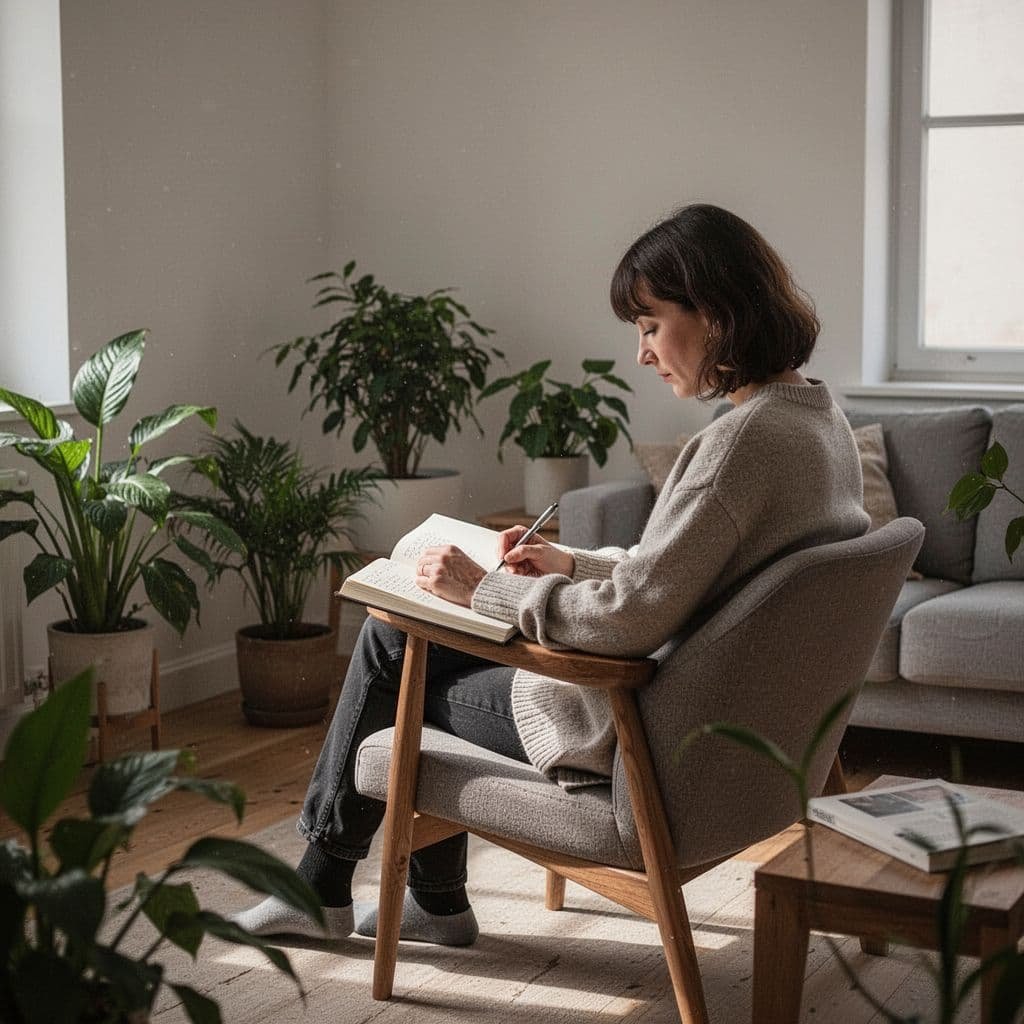 A person sits in a sunlit chair holding an open notebook and pen in a minimalist living room with plants.