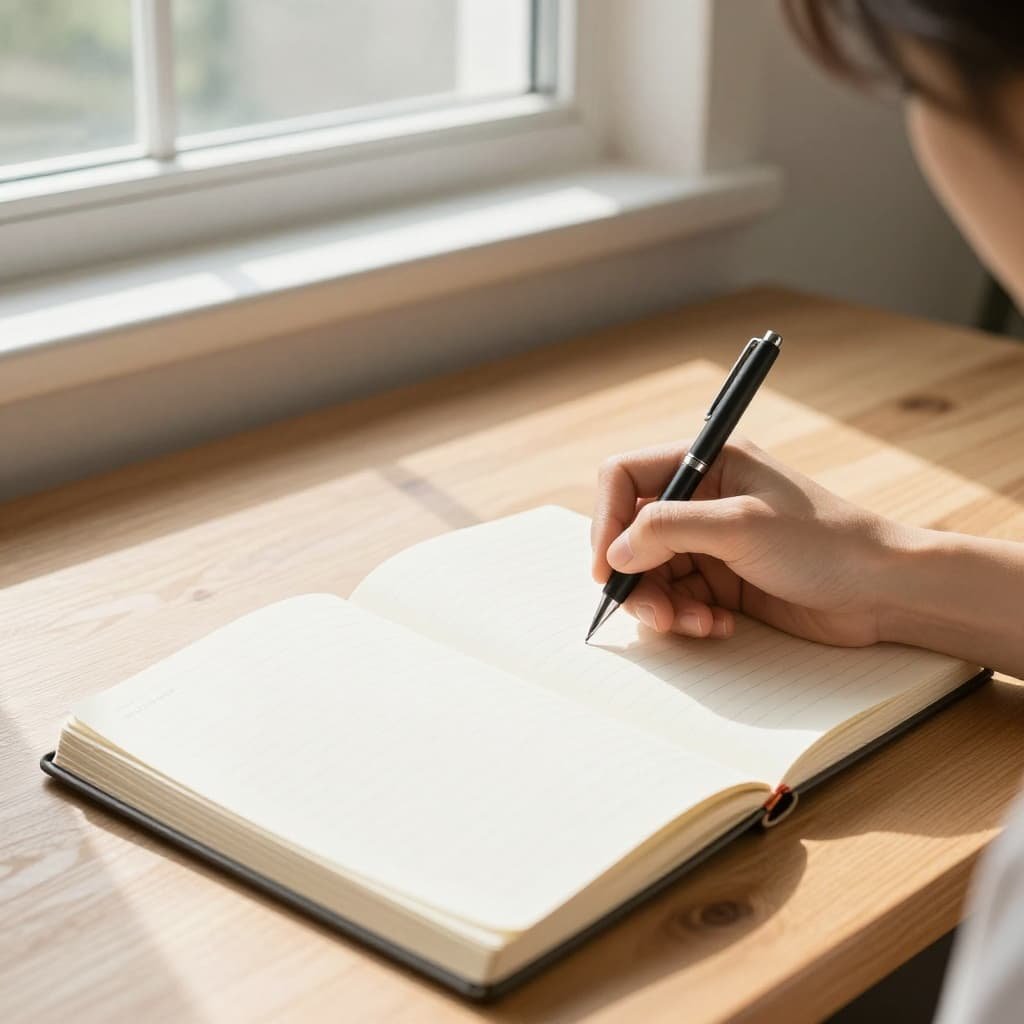 Person writes in open notebook at wooden table with sunlight through window.