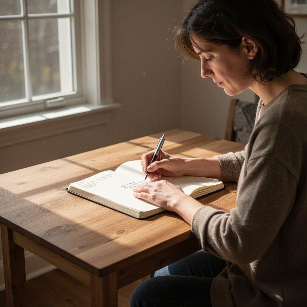 A person sits at a wooden desk in a sunlit room, writing in an open notebook.