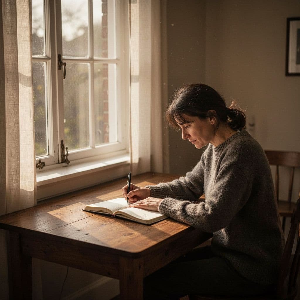 A person sits at a wooden desk near a window, writing in an open notebook.