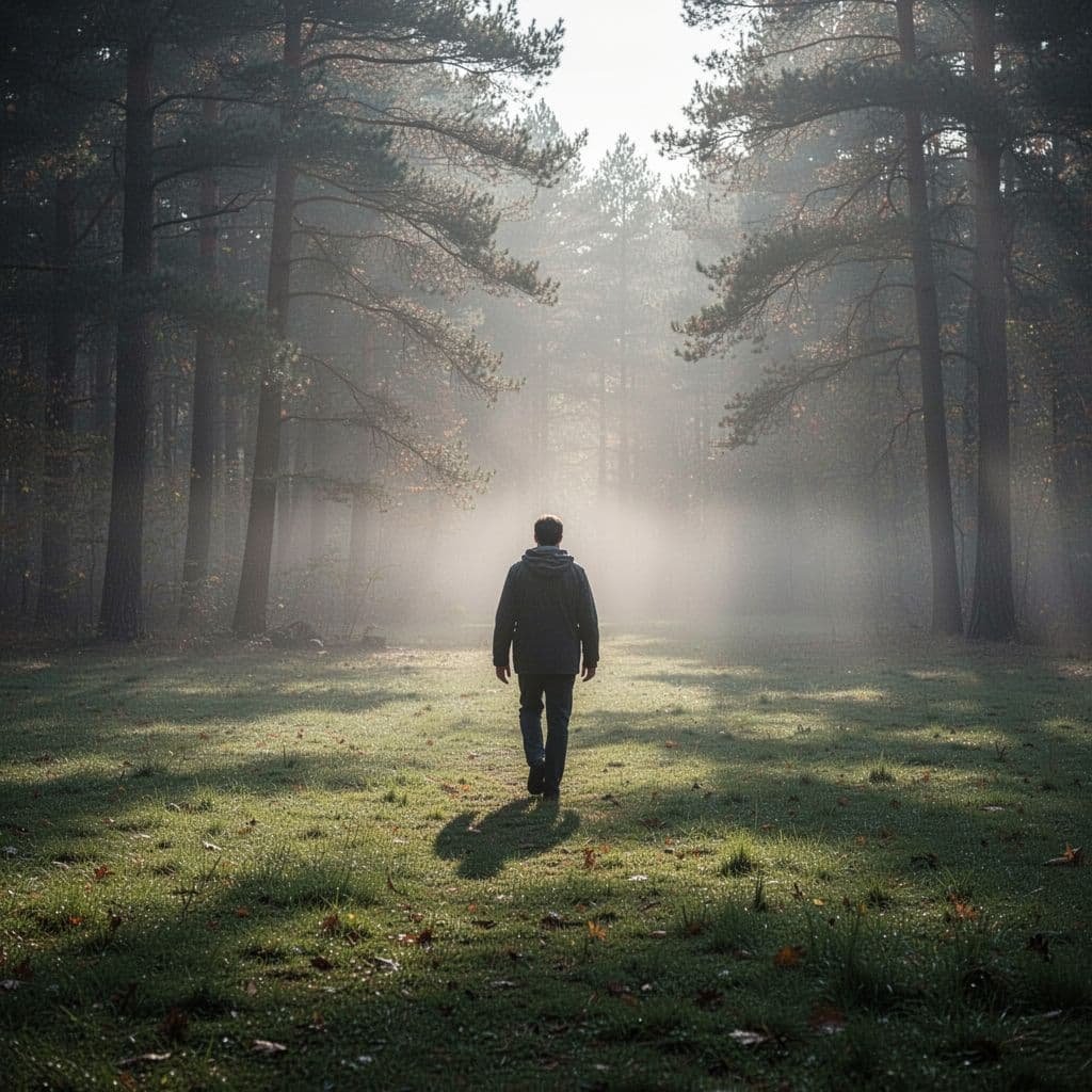 A person walks away from a foggy shadowy forest into a bright open field.