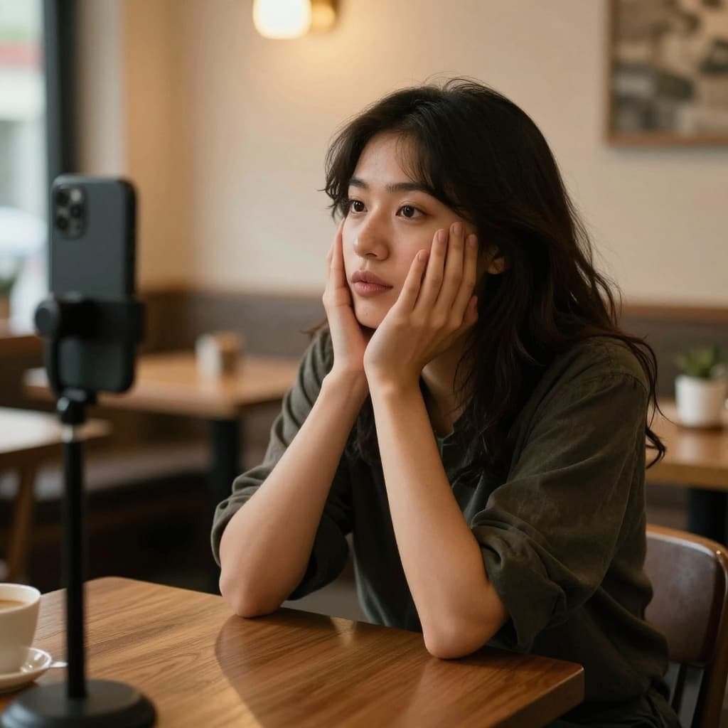 One person sits comfortably in a cafe, listening intently to someone off-camera.
