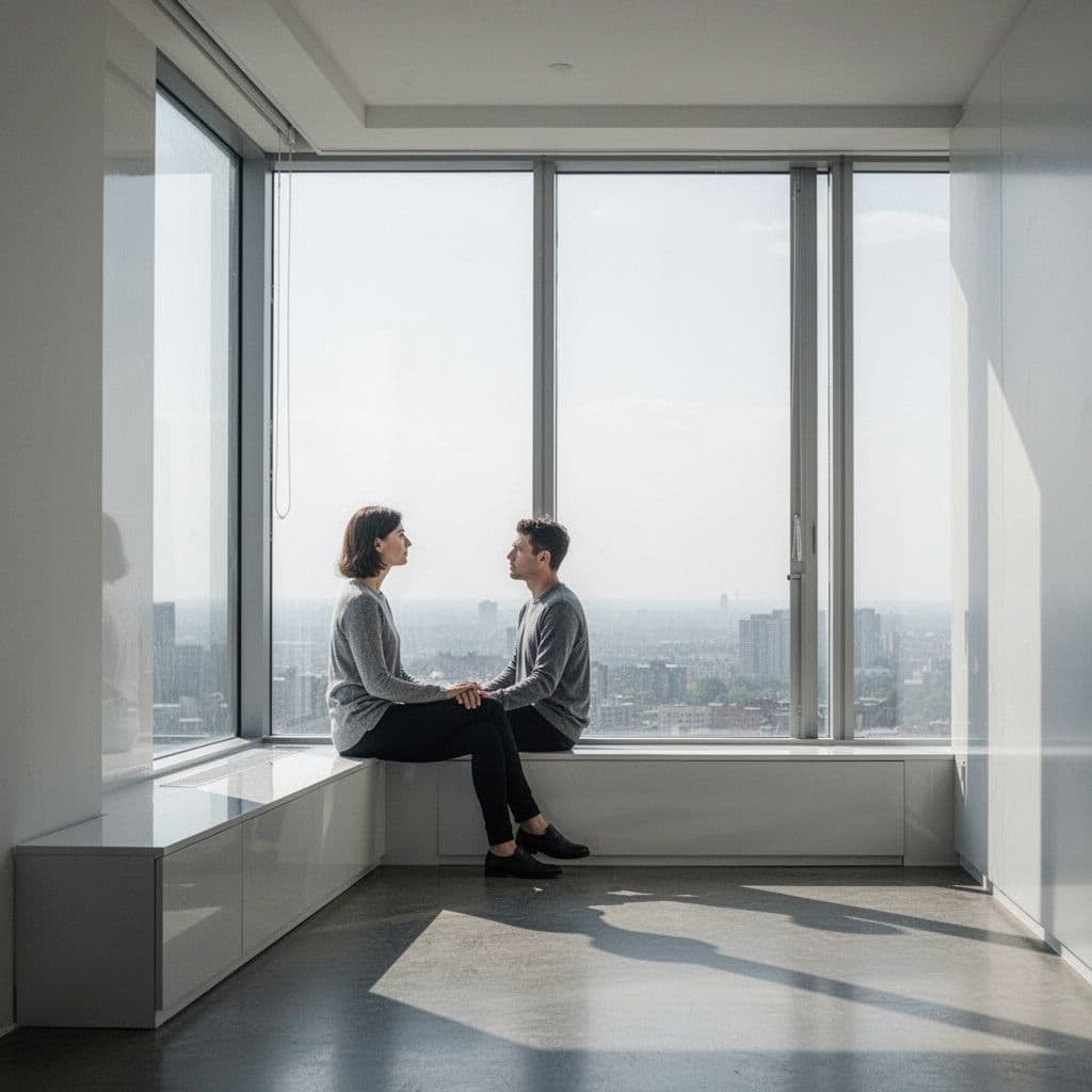 A calm person sits in a sunlit minimalist room while looking out a window.