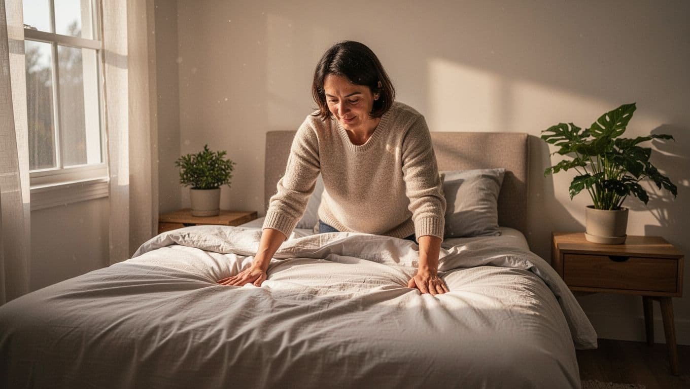 Person carefully makes bed in simple tidy bedroom with morning sunlight through window.
