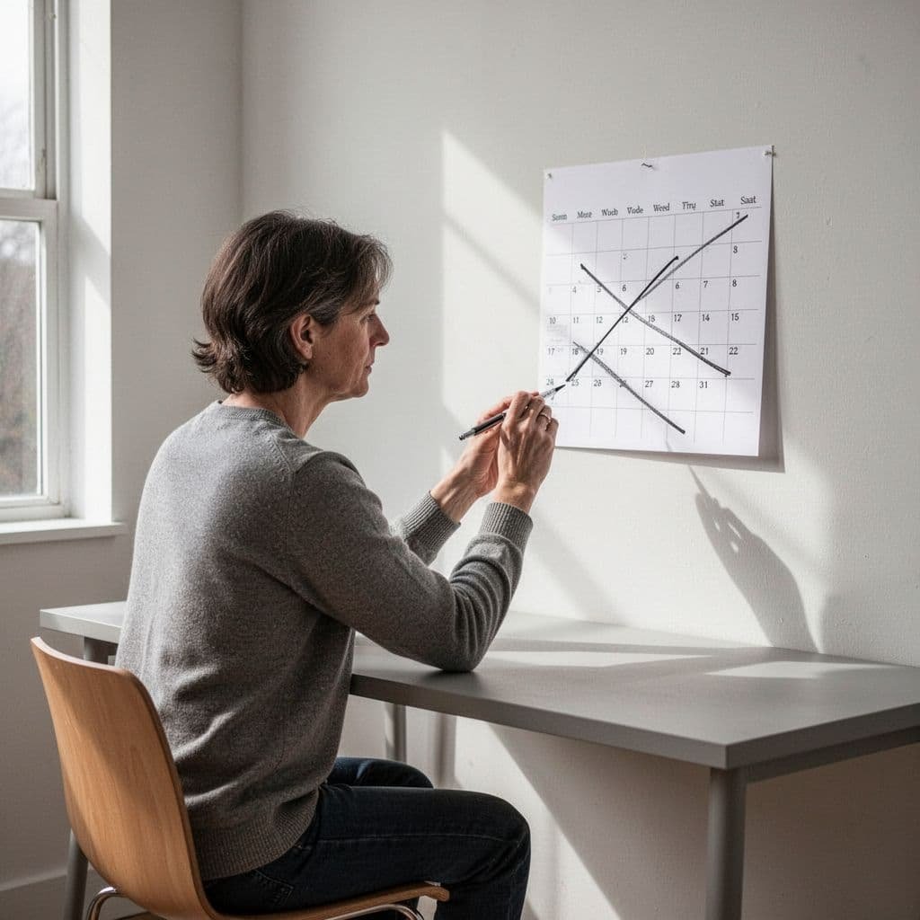 A person sits at a desk holding a pen and marking an X on a paper wall calendar in a bright room.