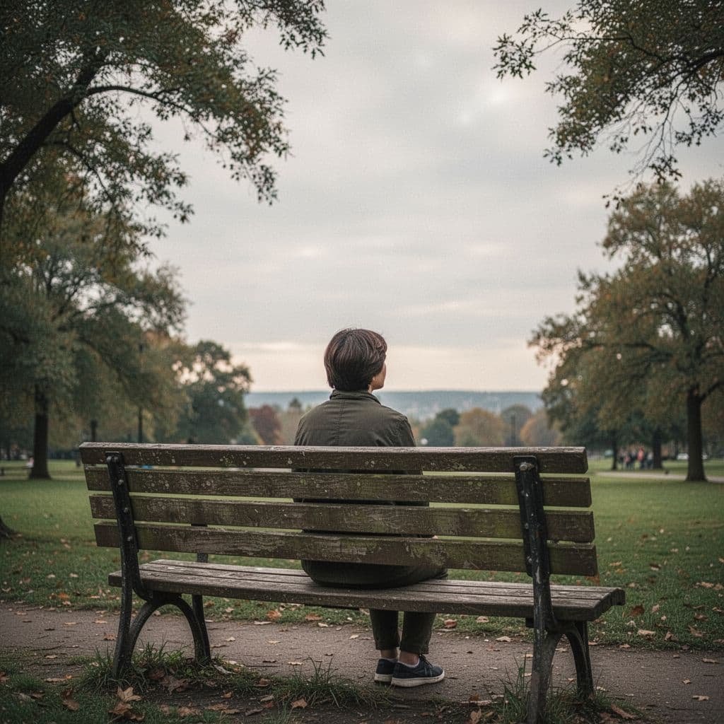A person sits on a park bench looking at the distant horizon on an overcast day.