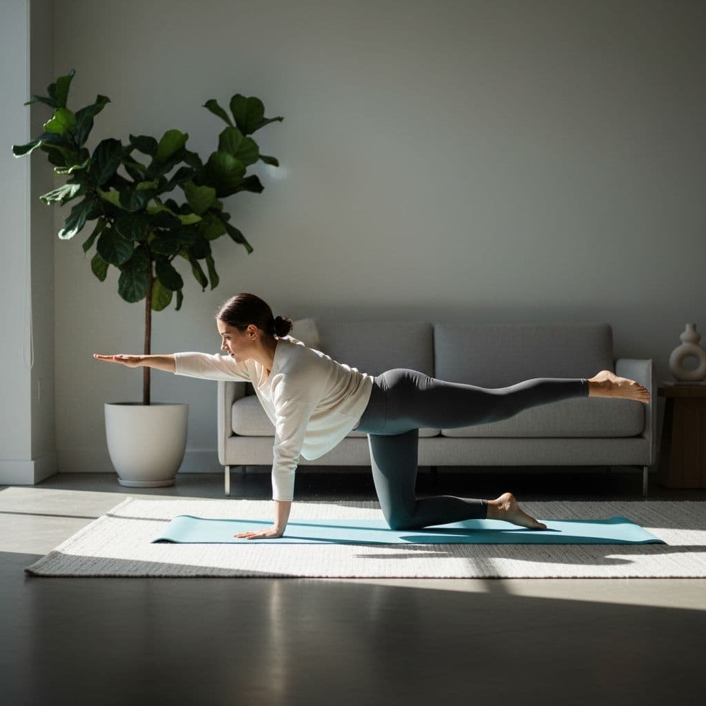 A person in comfortable clothes performs a bird dog exercise on a mat in a bright living room.